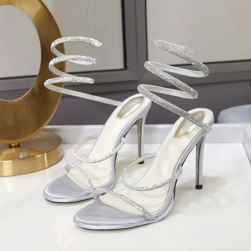 2025 Summer Luxurious Sexy Women's Crystal Sandals Fashion Snake Wrap Rhinestone High Heel Sandals Party Wedding Shoes