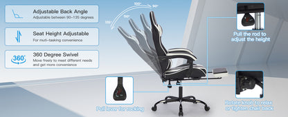 Gaming Chair With Footrest, Ergonomic Computer Chair With Headrest And Lumbar Support, Breathable Material Height Adjustable Video Game Chairs For Adults, Black White
