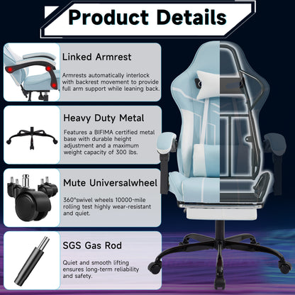 Gaming Chair, Computer Chair Ergonomic Chair With Footrest Office Chair Ergonomic Computer Chair With Lumbar Backrest Bluewhite