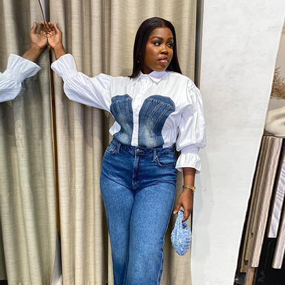Denim Stitching Navel Flared Sleeves Personality Shirt