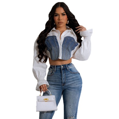 Denim Stitching Navel Flared Sleeves Personality Shirt