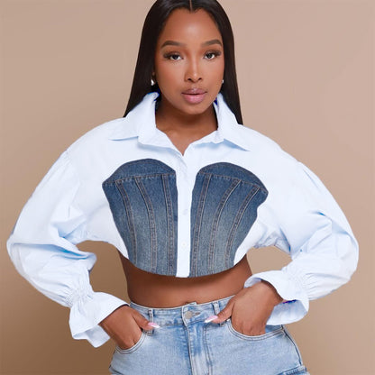 Denim Stitching Navel Flared Sleeves Personality Shirt