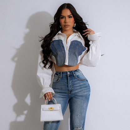 Denim Stitching Navel Flared Sleeves Personality Shirt
