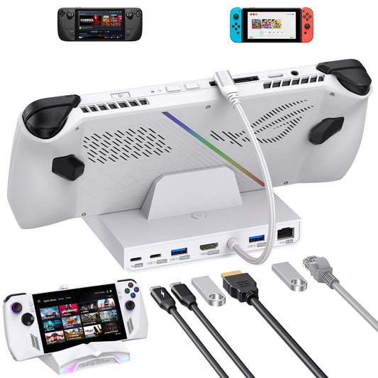 AMZPILOT USB C Docking Station for Steam Deck ROG Ally Legion Go Switch AYANEO Type-C Gaming Hub with PD Charging 100W HDMI 2.0 4K@60Hz RJ45 2.5Gbps Three USB3.1 10Gbps and RGB Light