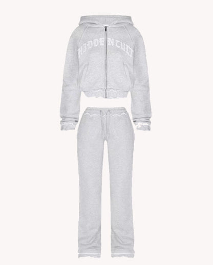 Ins Letter Sports Suit Zip-up Hooded Cropped Sweatshirt Top And Loose Drawstring Trousers Fashion Womens Clothing