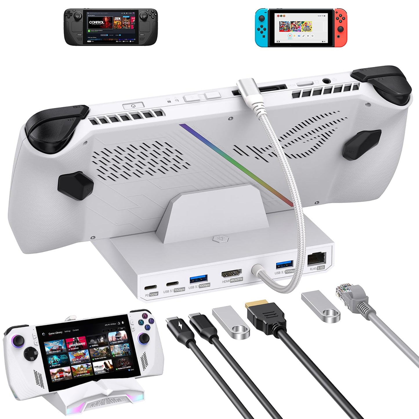AMZPILOT USB C Docking Station for Steam Deck ROG Ally Legion Go Switch AYANEO Type-C Gaming Hub with PD Charging 100W HDMI 2.0 4K@60Hz RJ45 2.5Gbps Three USB3.1 10Gbps and RGB Light