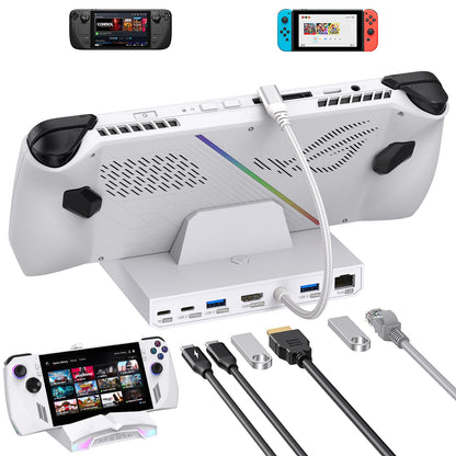 AMZPILOT USB C Docking Station for Steam Deck ROG Ally Legion Go Switch AYANEO Type-C Gaming Hub with PD Charging 100W HDMI 2.0 4K@60Hz RJ45 2.5Gbps Three USB3.1 10Gbps and RGB Light